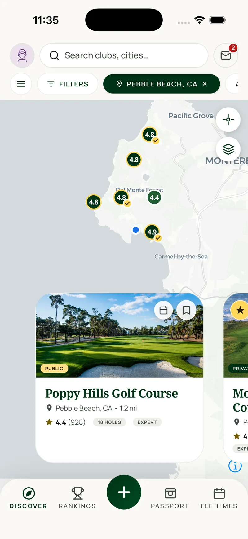 Discover screen: a map of the Pebble Beach peninsula with rated course pins, filter chips, and a card for Poppy Hills Golf Course rated 4.4 from 928 reviews.