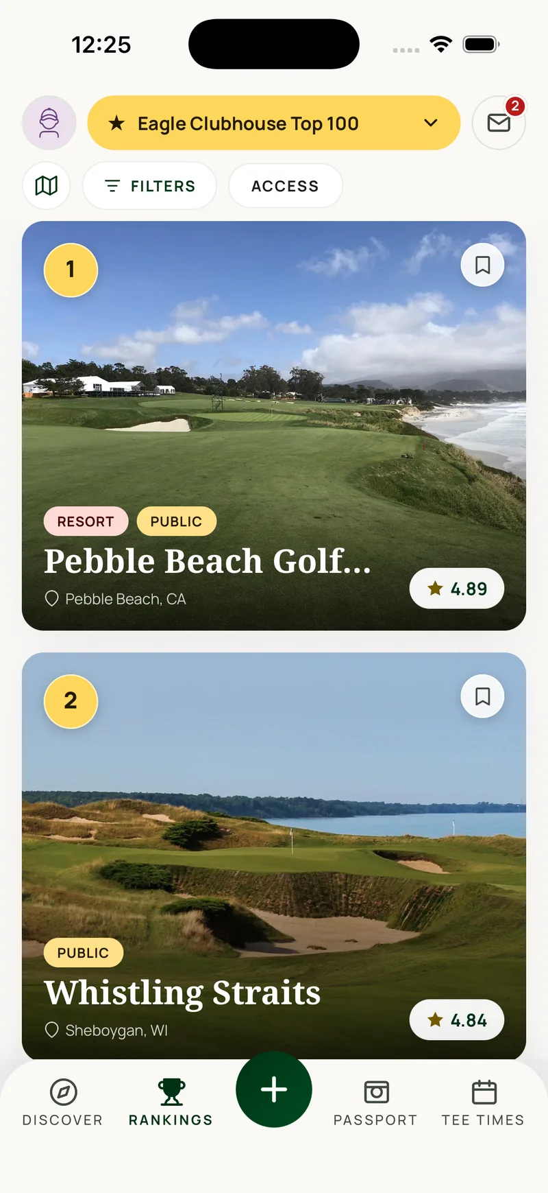 Rankings: a list headed Eagle Clubhouse Top 100 with access and filter controls, showing Pebble Beach Golf Links at number one and Whistling Straits at number two, each with its rating.