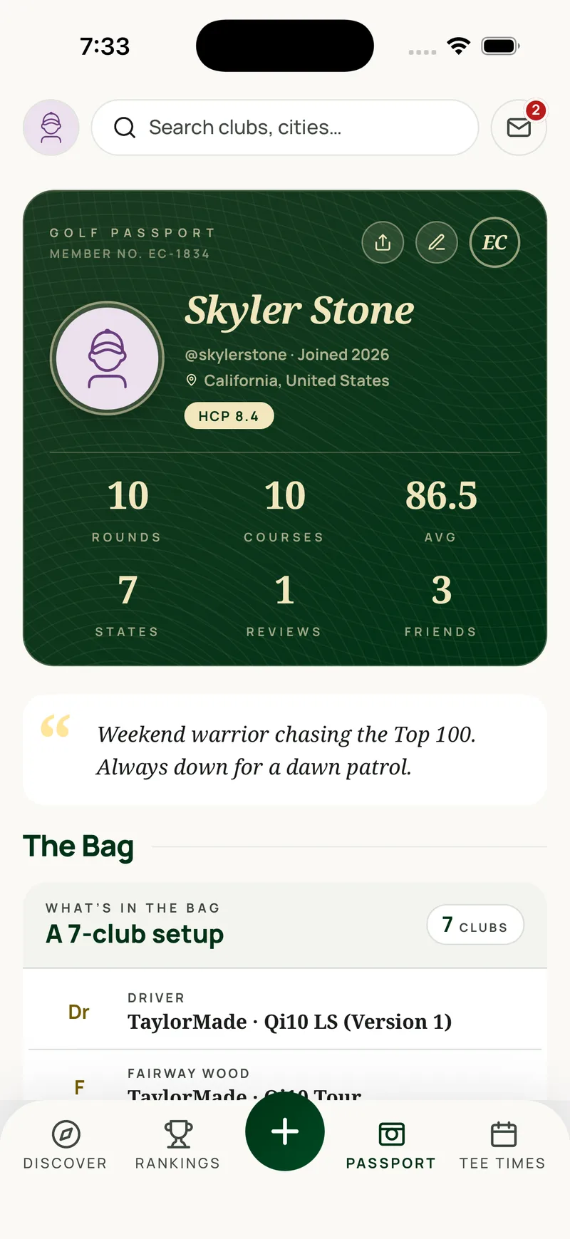 Golf passport: a member card showing rounds played, courses visited, scoring average, states, reviews and friends, above a listing of the clubs in the player's bag.