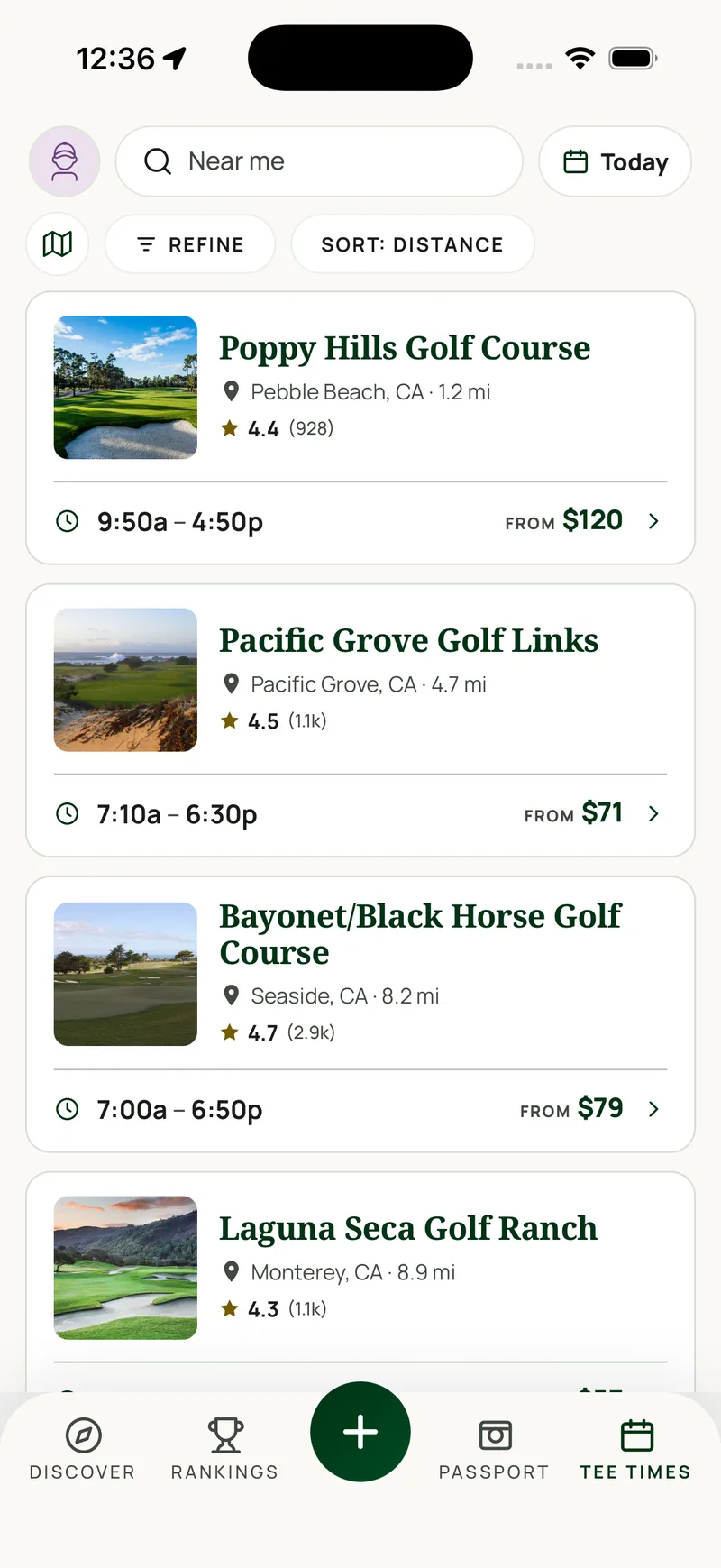 Nearby tee times: a date strip, a list of courses with live open times and their prices for each slot.